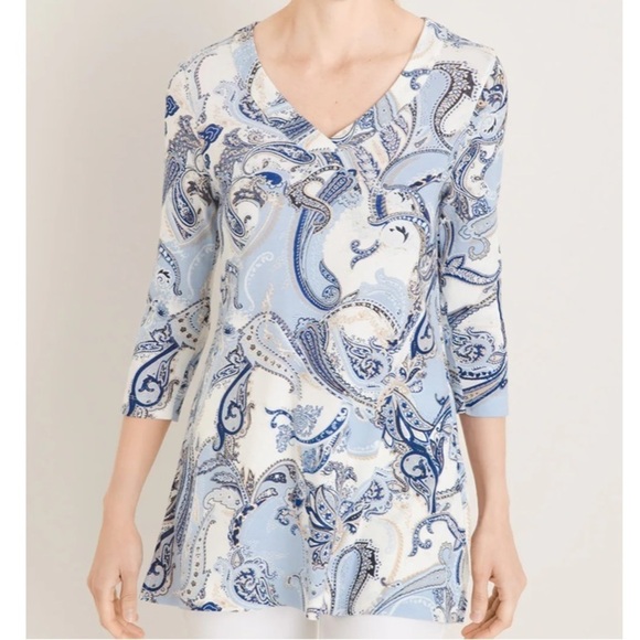 Chicos Womn 1 US M Blue Paisley Pima Cotton 3/4 Sleeves Classic Fit V-Neck Tunic - Picture 1 of 9